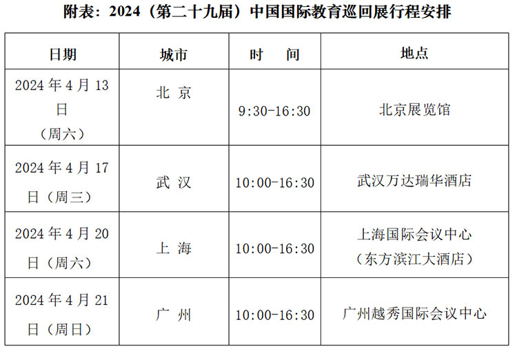 2024中国国际教育巡回展将于4月13日至21日在四个城市举办