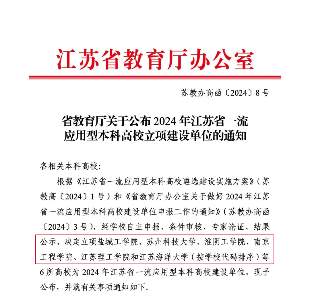 6高校入选首批江苏省一流应用型本科高校立项建设单位