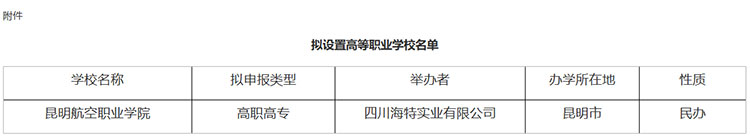 云南省教育厅公示：拟设置昆明航空职业学院